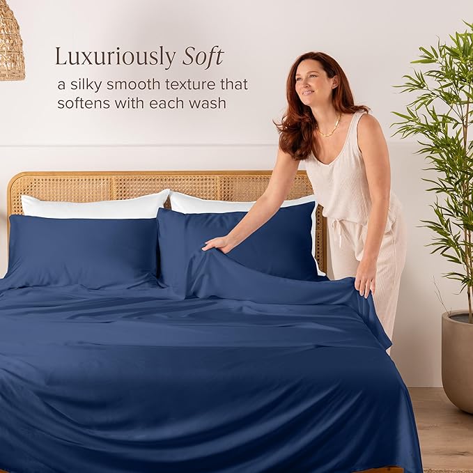 Bare Home 100% Rayon Made from Bamboo Luxury King Sheet Set - 5 Piece Bedding Set - Deep Pockets - Cooling Sheets - Breathable - Easy Fit - Soft Bedding Sheets & Pillowcases (Split King, Dark Blue)