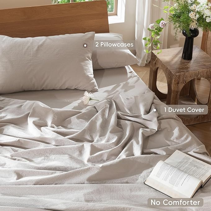 MooMee Bedding Duvet Cover Set 100% Washed Cotton Linen Like Textured Breathable Durable Soft Comfy (Solid Light Tan, Super Queen 90"x98")