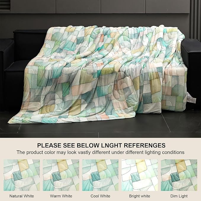 Cyusri Print Cooling Comforter Set 3Pcs Breathable Cool Queen Size Bedding Set with 2 Pillowcases Green Geometric Pattern Silky Cold Quilt, 90"x90"