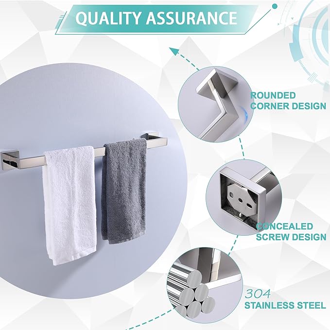 LANC Bath Towel Bars Chrome Polished 2 Pack 24-Inch Bathroom Towel Rail Square Towel Racks Kitchen Towel Holders Stainless Steel Wall Mount Silver Towel Hanger Towel Rods,A8804-6CP