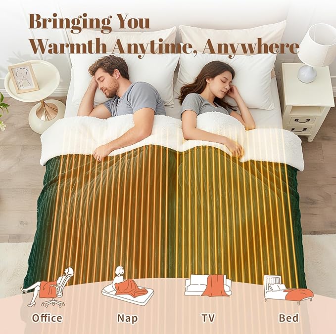 Electric Heated Blanket Queen Size Dual Control - 84"x90" Fast Heating Bed Blankets with 6 Heating Levels & 10 Hours Auto Off, Soft Ribbed Flannel, Over-Heat Protection ETL, Dark Green
