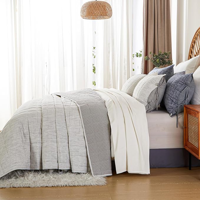 Quilts Queen Size，White Cotton Linen Bedspreads Queen Size，3-Pieces Queen Quilt Set with Grey Gingham Bedding Coverlet with 2 Pillow Shams