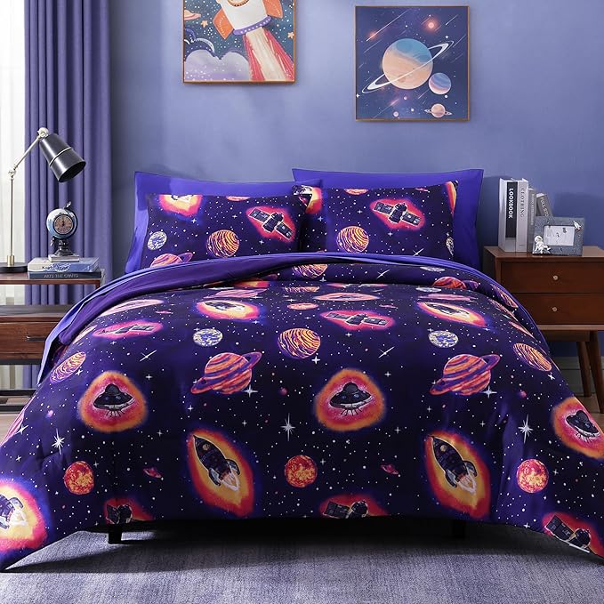 Full Size Comforter Set for Boys-7 Pieces Space Rocket Full Bedding Sets for Kids, Ultra Soft Bed in A Bag with Sheets