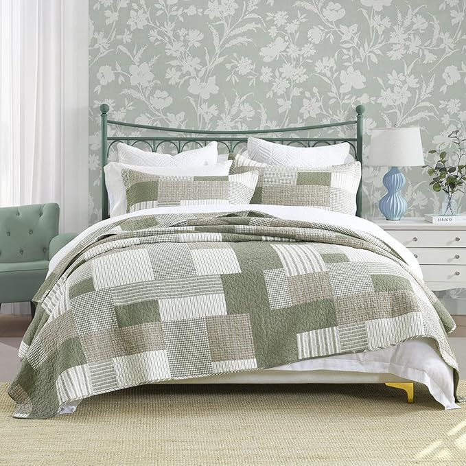 Uniclinens Plaid Quilt Set Queen Size, Patchwork Light Green Quilt Bedding Set, 100% Cotton Bedspreads, Farmhouse Rustic Lightweight Comforter, 3 Pieces Set with 2 Pillowshams, Green/Brown/Beige