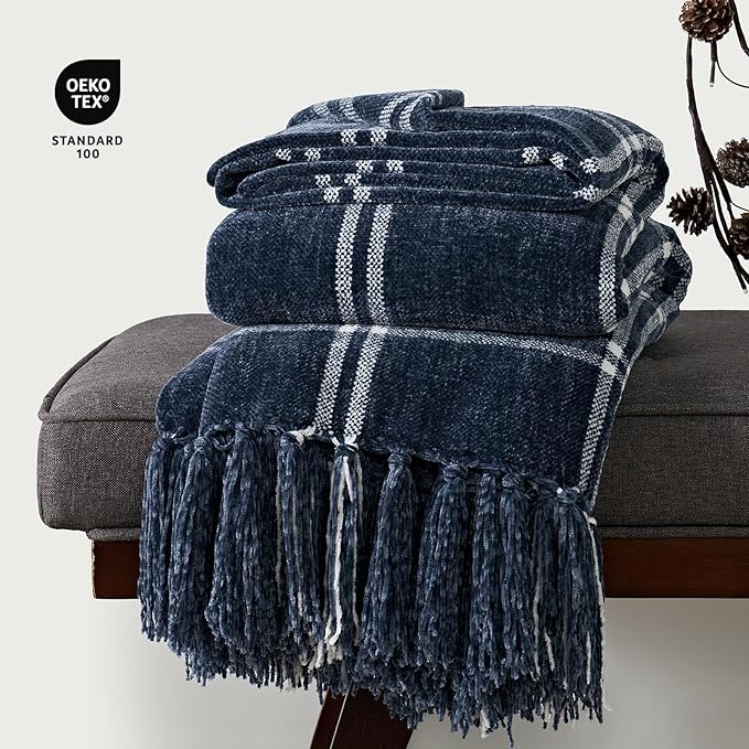 EVERGRACE Plaid Chenille Throw Blanket for Couch, Super Soft Cozy Decorative Windowpane Grid Plaid Throw with Tassels, Lightweight Chenille Knit Throw for Bed Sofa Gift, Navy & White 50”x60”
