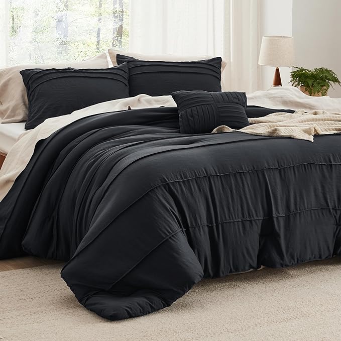 Bedsure King Comforter Set - 4 Pieces Pinch Pleat Bed Set, Black Boho Bedding for All Season, 1 Soft Comforter, 2 Pillowcases, 1 Decorative Pillow