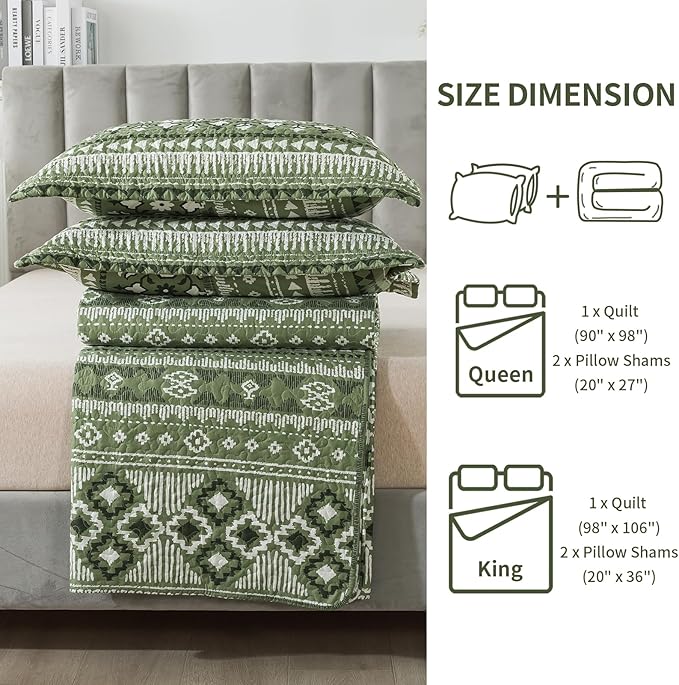 BEDIFANY Quilts Queen Size, Reversible Lightweight Bedspread with Boho Geometry Printed, Bed Spread Coverlet Sets for Bed Decoration, All-Season Queen Quilt Bedding Set (90 * 98 in), 3 Pieces - Green