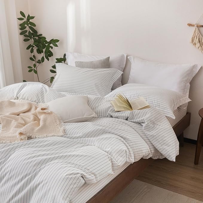 Stripe Linen Feel Duvet Cover Queen Size 90inch x 90inch,100% Washed Cotton Duvet Cover with Zipper Closure and 2 Pillowcases, Stripe of White-Cornflower Blue