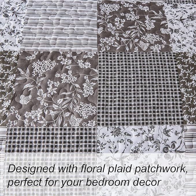 Mybedsoul Grey Boho Quilt Set Queen Size,3 Pieces Plaid Floral Bedspread Coverlet Set for All Season,Patchwork Reversible Bedding Set Queen 90"x96"