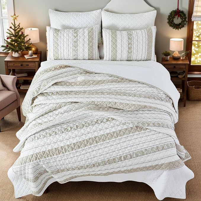 Brandream Queen Size Quilt Set Cotton Blend Patchwork Quilts White Beige Striped Quilts Modern Farmhouse Waffle Quilted Comforter Set 3-Piece