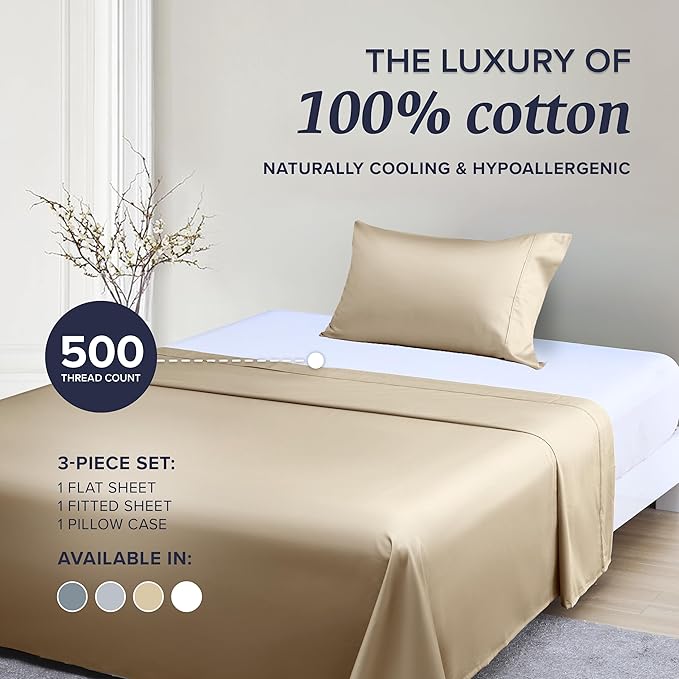 Beckham Hotel Collection Twin XL Sheet Set 100% Cotton, 500TC Luxury Sateen Bedding, 16” Deep Pocket, Moisture-Wicking, 3-Piece, Sand