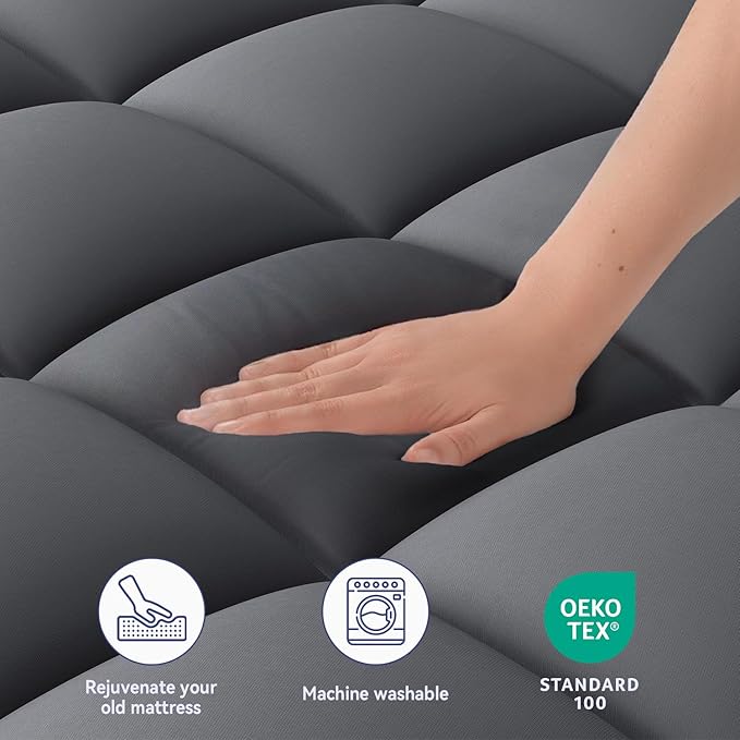 ELEMUSE Full XL Grey Mattress Topper for Back Pain, Extra Thick Mattress Pad Cover, Plush Soft Pillowtop with Elastic Deep Pocket, Overfilled Down Alternative Filling