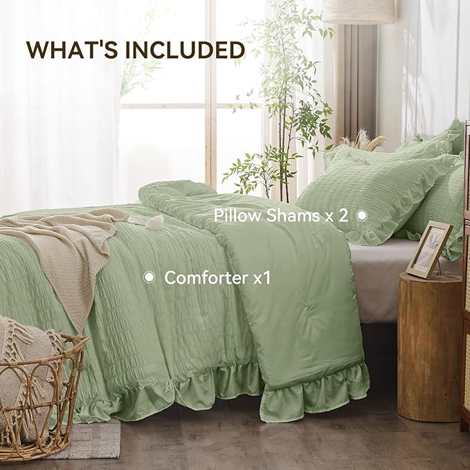 JOLLYVOGUE Sage Green Comforter Full Size, 3 Pieces Seersucker Lightweight Full Size Bedding, All Season Fluffy Microfiber Bedding Comforter Set with 1 Ruffle Comforter and 2 Ruffle Pillowshams