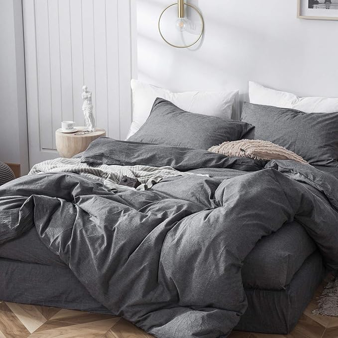 MooMee Bedding Duvet Cover Set 100% Washed Cotton Linen Like Textured Breathable Durable Soft Comfy (Heathered Dark Grey, Cal King 104"x98")