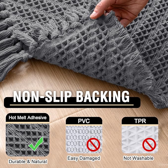 H.VERSAILTEX Waffle Bath Mat Super Absorbent Boho Bath Mat Non Slip Bath Rugs for Bathroom Floor Machine Washable Dry Fast Bathroom Rugs with Tassels, 24" x 36", Gray