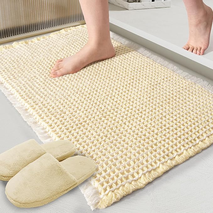 ZALL Beige Waffle Bath Mat,Super Absorbent Non Slip Bathroom Rug,Cream 17x24inch,Machine Washable Ultra Soft Floor Mats