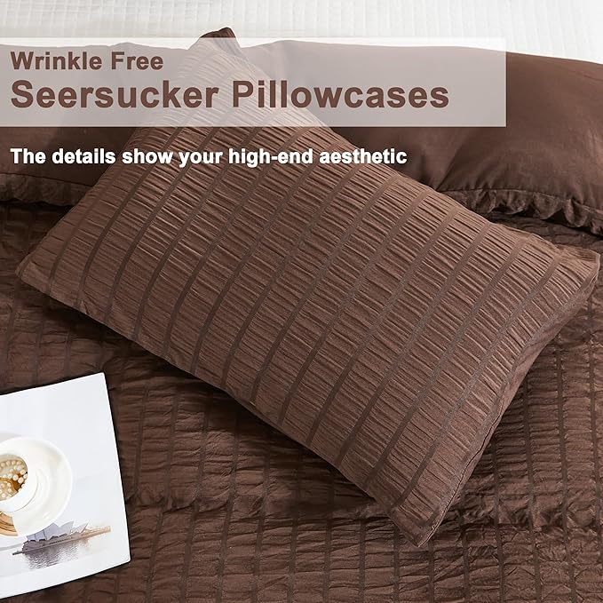 AveLom Brown Duvet Cover Full(80 x 90 inches), 3 Pieces (1 Duvet Cover, 2 Pillow Cases),Seersucker Tripe Soft Washed Microfiber Textured Duvet Cover Set with Zipper Closure, Corner Ties
