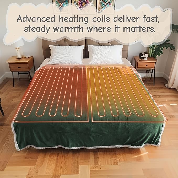 Electric Heated Blanket Full Size 72"x84", Soft Flannel with Overheat Protection, 6 Adjustable Heat Settings & 10-Hour Auto-Off Timer, Fast Heating for Winter Comfort, Dark Green