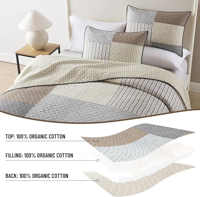 Real-Patchwork Plaid Queen Quilt - 100% Cotton Farmhouse Beige Brown Gray Queen Size Quilts Bedspread, Lightweight Reversible Quilted Coverlet Bedding Set for All Season, 3-Piece(98"x90")