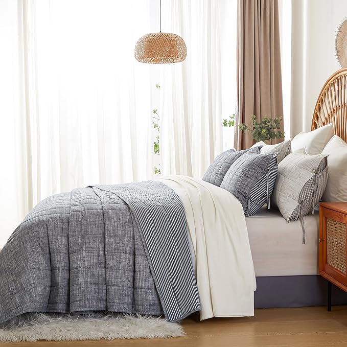 Navy Blue Quilt King Size Bed Spreads - 3-Piece Set with Blue Stripe Coverlet, Light Weight Quilt & 2 Pillow Shams