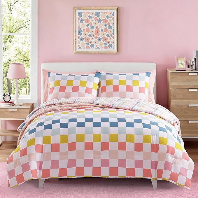Twin Comforter Set for Girls-5 Pieces Colorful Check Twin Bedding Sets for Kids, Ultra Soft Bed in A Bag with Sheets