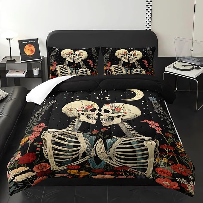 Black Gothic Skull Flower Full Comforter Set，Quilt Full Size Bedding Set Gothic，with 1 Comforter with 2 Pillow Case，Skull Room Decor for Bedroom