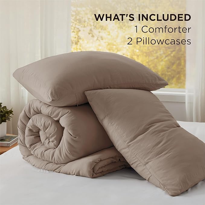 Bedsure Queen Size Comforter Set, Brown Soft Prewashed Bedding for All Seasons, 3 Pieces GentleSoft™ Warm Down Alternative Bed Set, 1 Lightweight Comforter (90"x90") and 2 Pillowcases (20"x26")