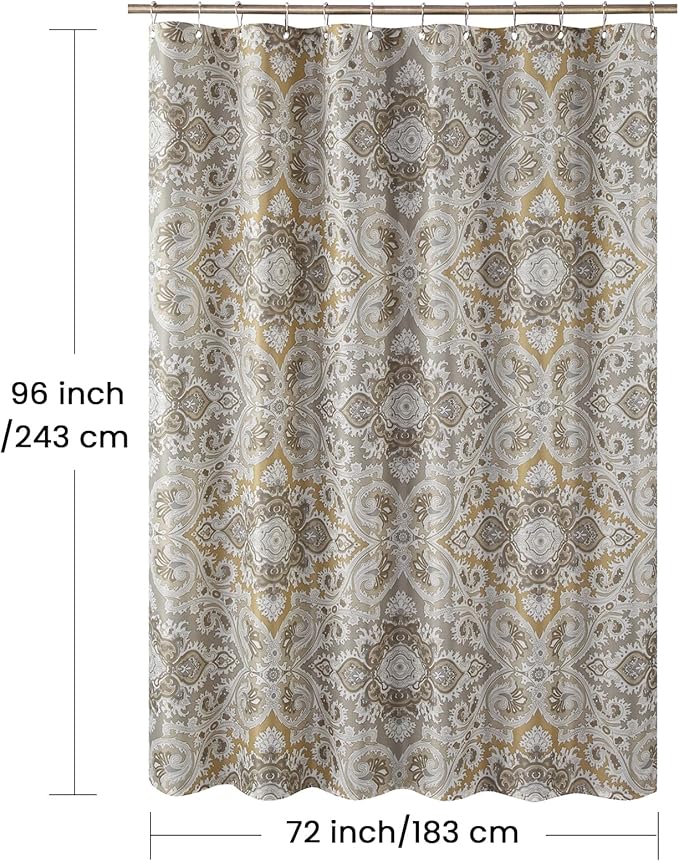 Extra Long Fabric Shower Curtain, 72 x 96 Inches Beige and Grey Boho Paisley Damask Pattern Shower Curtains for Bathroom, Waterproof Bathroom Curtains, 72" W x 96" H