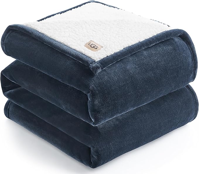 UGG Ariana Full/Queen Blanket Fleece Fluffy Reversible Soft Fuzzy Bedding Cozy Plush Warm Oversized Blanket Machine Washable Bedroom Decor for Big Couch or Bed, 90-inch x 90-inch, Navy Blue