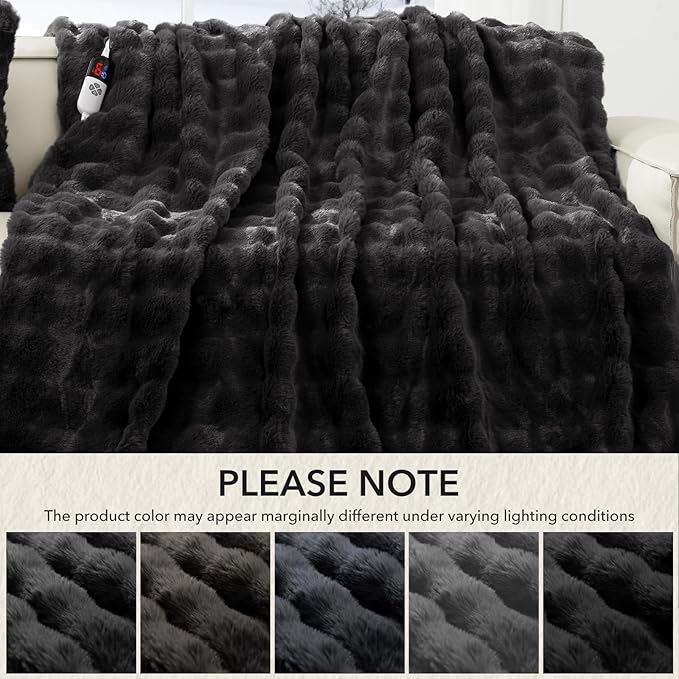 Faux Rabbit Fur Bubble Electric Blanket Dark Grey - Luxury Fluffy Soft Heated Throw Blanket with 6 Heating Levels & 4 Timer Settings, Decor Gifts for Home Bedroom Living Room (50" x 60")