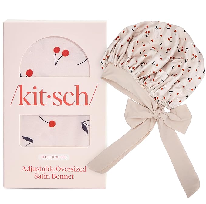 Kitsch XL Satin Bonnet for Sleeping - Softer Than Silk Bonnet For Sleeping Women - Secure Fit, Adjustable, Night Cap For Curly & Textured Hair - Prevents Breakage, Tangles & Thinning - Cherry Print