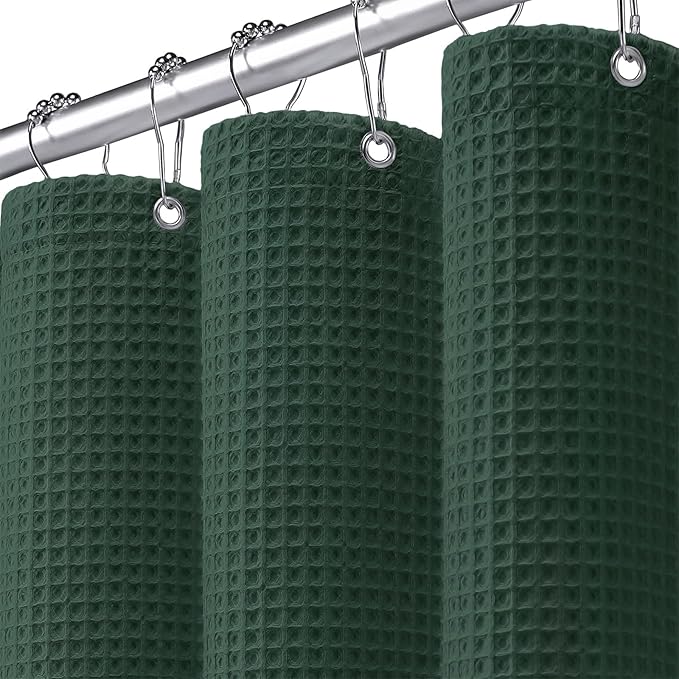 Waffle Weave Shower Curtain - Dark Green Cotton Fabric Texture Heavyweight Shower Curtain for Bathroom,Washable,72Wx72L