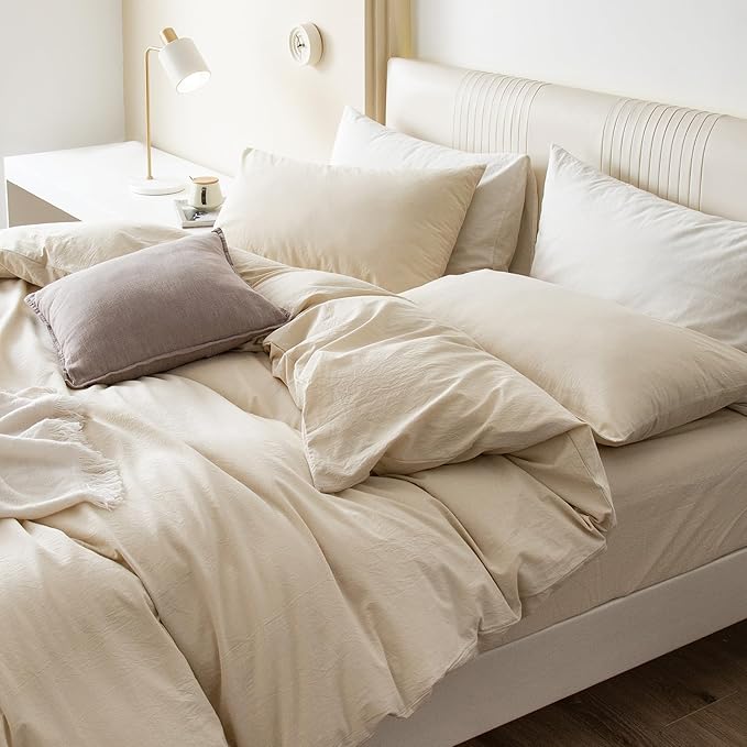 JIYUAN 100% Washed Cotton Duvet Cover Set 3 Pieces Oversized King, 1 Duvet Cover 120x98 Inches(Comforter Not Included) and 2 Pillowcases,Linen Feel Bedding Set Comfy and Breathable,Heathered Beige