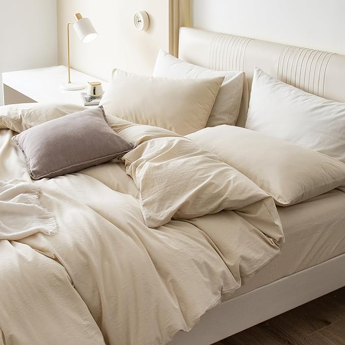JIYUAN 100% Washed Cotton Duvet Cover Set 3 Pieces Super King, 1 Duvet Cover 108x98 Inches(Comforter Not Included) and 2 Pillowcases,Linen Feel Bedding Set Comfy and Breathable,Heathered Beige