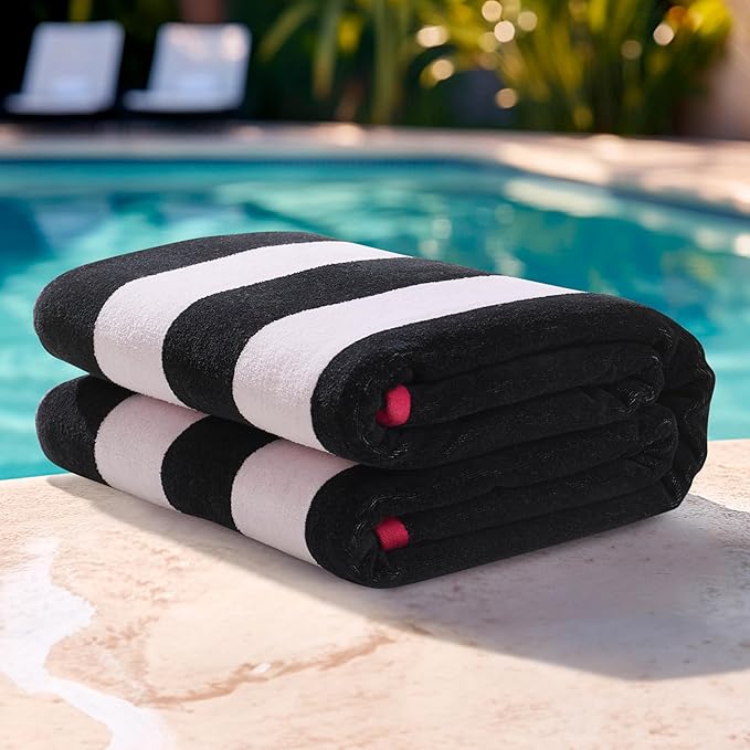 Juicy Couture Black/Hot Hot Pink/White Pink Reversible Cabana 36" x 72" 100% Cotton Oversized Beach Towel - Soft, Absorbent, and Quick-Drying, Perfect for Beach, Pool, or Travel