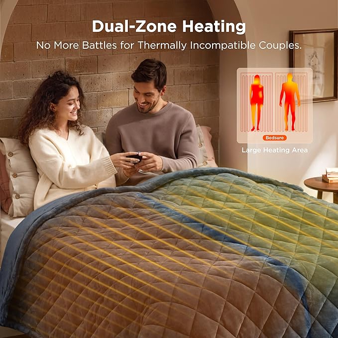 Bedsure Electric Blanket Queen Size - Dual Control Heated Blanket Queen with 10 Heat Settings, Thick Heating Blanket with 10 Time Settings, Fast Heating Quilted Blanket (84x90 inches, Bering Sea)