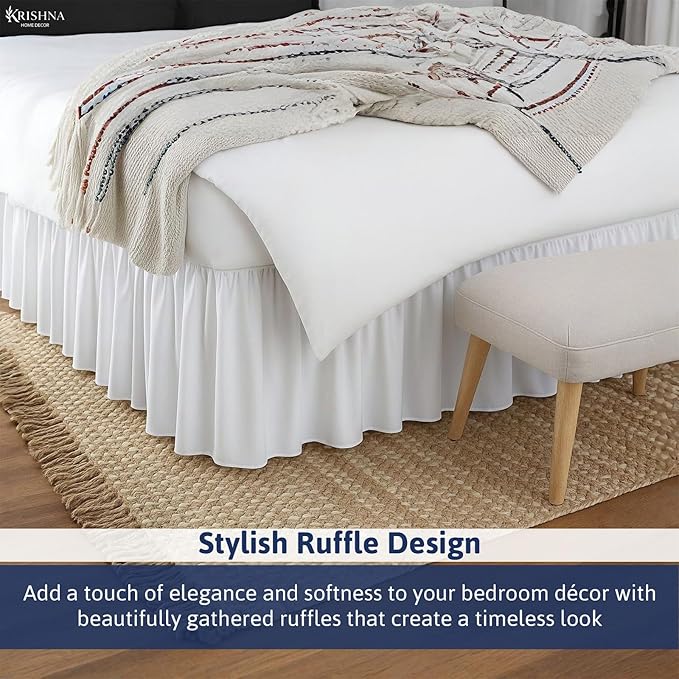 KRISHNA Ruffled Bed Skirt with Split Corners Queen, 100% Microfiber Hotel Quality, 15 Inch Drop Dust Ruffle Gathered Bedskirt with Platform, 60" x 80", White