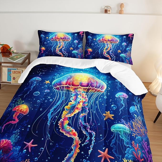 Fantasy Jellyfish Comforter Full Bedding Sets for Girls Kids Toddlers,Coral Starfish Ocean Theme Bedroom Decor,Blue Underwater World Bedding Sets with 2 Pillowcases.