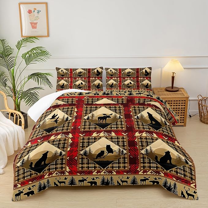 Red and Black Plaid Comforter Set Full，Full Size Bedding Set Animal Print，Rustic Farmhouse Quilt Bedding Sets Full，with 1 Comforter with 2 Pillow Case
