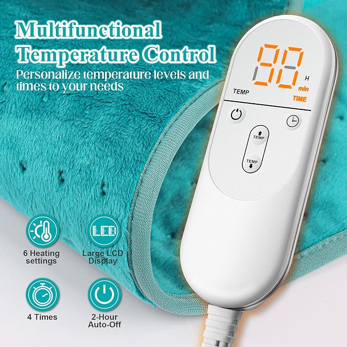 Heating Pad for Back, Heating Pad for Period Cramps/Waist/Shoulders with Belt, Christmas Gifts for Women Men Mom Dad, 6 Heat Settings, 4 Timers, Auto-Off, Machine Washable, Blue Green