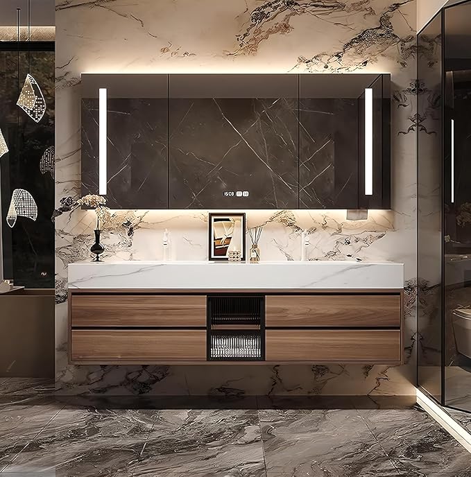 92IN Bathroom Vanity with Double Sink, Modern Bathroom Vanity with LED Smart Defog Mirror Cabinet & Integrated Ceramic Sink, Floating Vanities with Drawers and Glass Cabinet Door (Walnut)