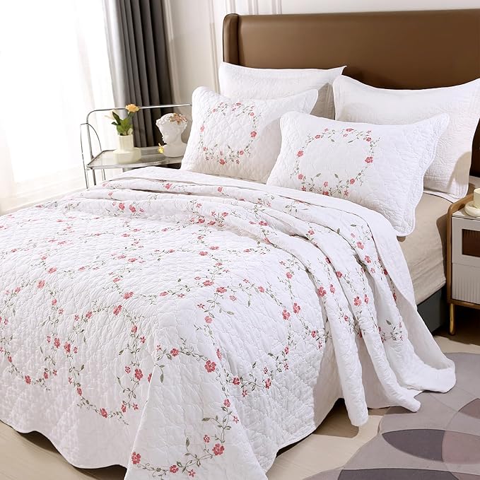 Quilt Set Circular Floral 3D Embroidery Pattern 3 PCS 100% Cotton Reversible Quilted Embroidered Decorative Bedspreads Coverlet Set, Lightweight &Soft Queen Size White Bedding Coverlet for All Season