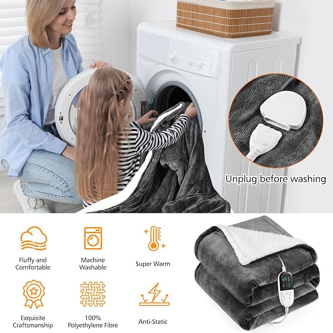 Heated Blanket Electric Throw 52"X60",Electric Blanket with Foot Pocket,6 Heat Settings & 1-10 Hours Time Settings Auto-Off,Machine Washable Heating Blanket for Home and Office (Gray)