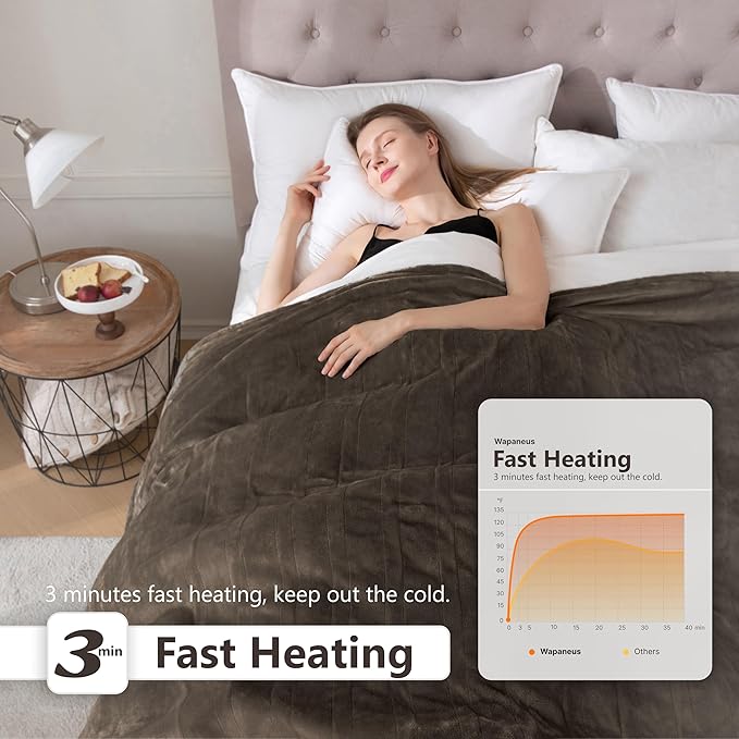 Wapaneus Foot Pocket Heated Blanket Electric Throw with 10 Heating Levels and Auto Shut Off,Flannel Fast-Heating Heated Throw 50" x 60",ETL Listed Machine Washable,Dark Brown