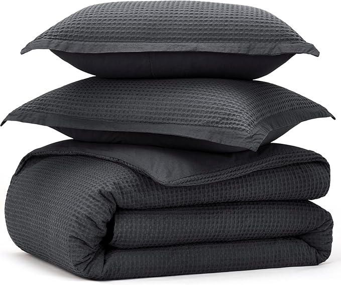 Bedsure Cotton Duvet Cover Queen - 100% Cotton Waffle Weave Charcoal Duvet Cover Queen Size, GentleSoft™ and Breathable Bedding Set for All Season, 3 Pieces, 90"x90"