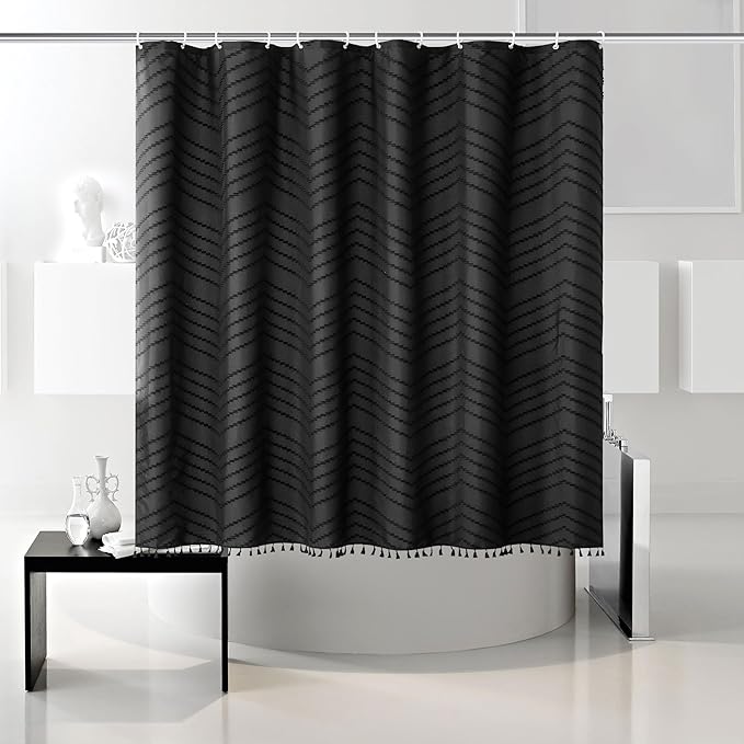 Boho Shower Curtain Black Tassel Woven Fabric Short Shower Curtain 72 x 66 Modern Farmhouse Textured Tufted Chevron Striped Minimalist Bathroom Shower Curtains