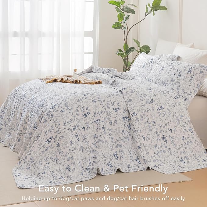 Lady Ann Oversized King Quilt Bedspreads 120x120, 3 Pcs Cotton Floral California King Size Quilt Bedding Set， Blue and White Floral & Leaves Pattern Plant Botanical Printed Quilted Coverlet Set