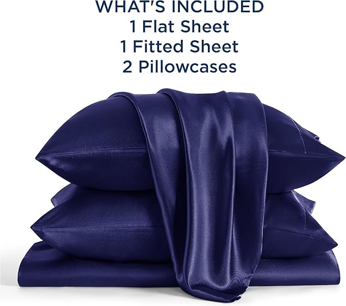 Bedsure Satin Sheets King Size - 4 Piece Silky Bedsheets with 15 Inches Deep Pocket Fitted Bedsheet,1 Flat Sheet, 2 Satin Pillowcases, Good for Hair & Skin (King, Navy)