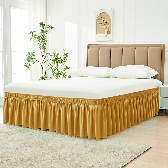 Biscaynebay Wrap Around Bed Skirts for King & Cal King Beds 16" Drop, Gold Adjustable Elastic Dust Ruffles Easy Fit Wrinkle Resistant Silky Luxurious Fabric Machine Washable