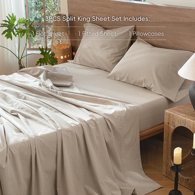 MooMee Bedding Sheet Set 100% Washed Cotton Linen Like Textured Breathable Durable Soft Comfy (Heathered Tannish Linen Grey, Twin)